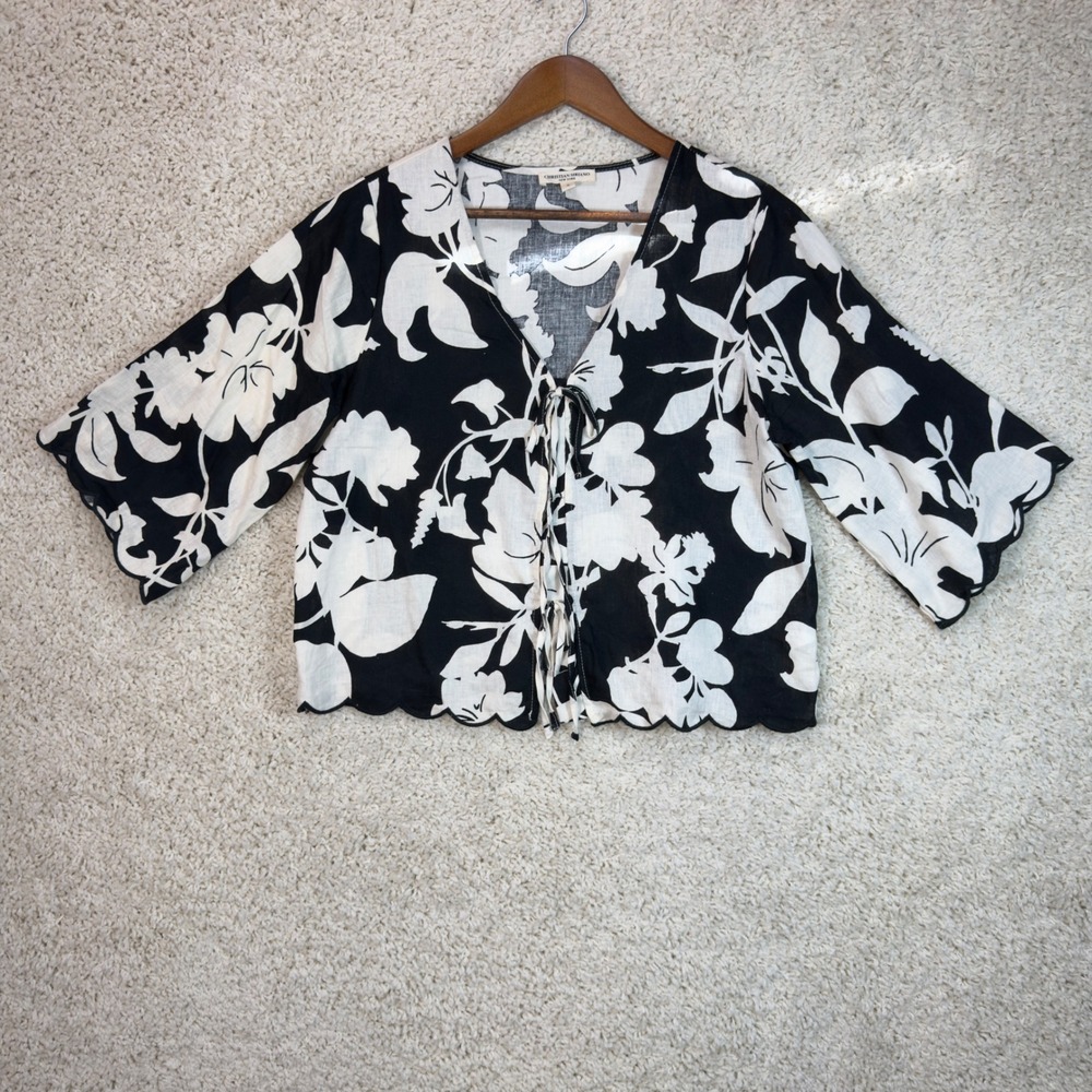 Christian Siriano Floral Tie Front Top Womens Small Black White Linen Scalloped